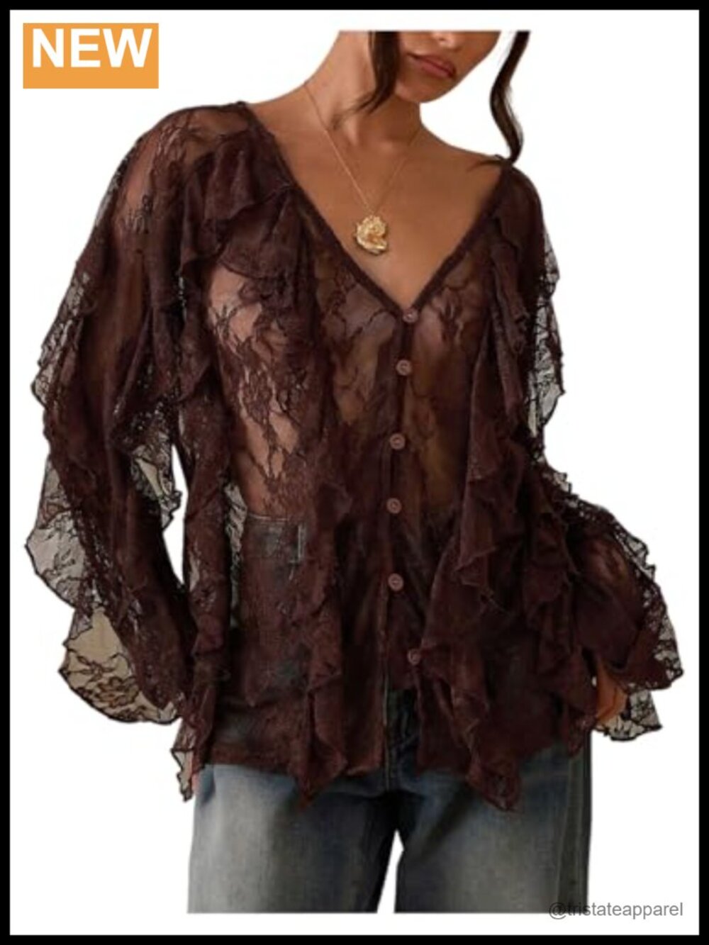 Sheer Mesh Lace Ruffle Long Sleeve V-Neck Button Down Blouse